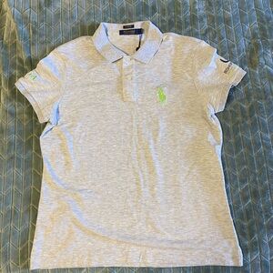 Gray Polo Shirt with Green Logo